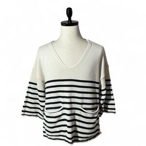Zara Striped Knit Top V Neck Elbow Sleeves Pockets Relaxed Fit Oversized